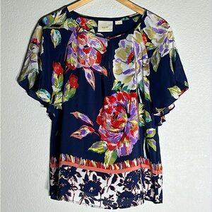 Anthropologie Maeve Silk Navy Floral Gardenia Top Blouse Size 6